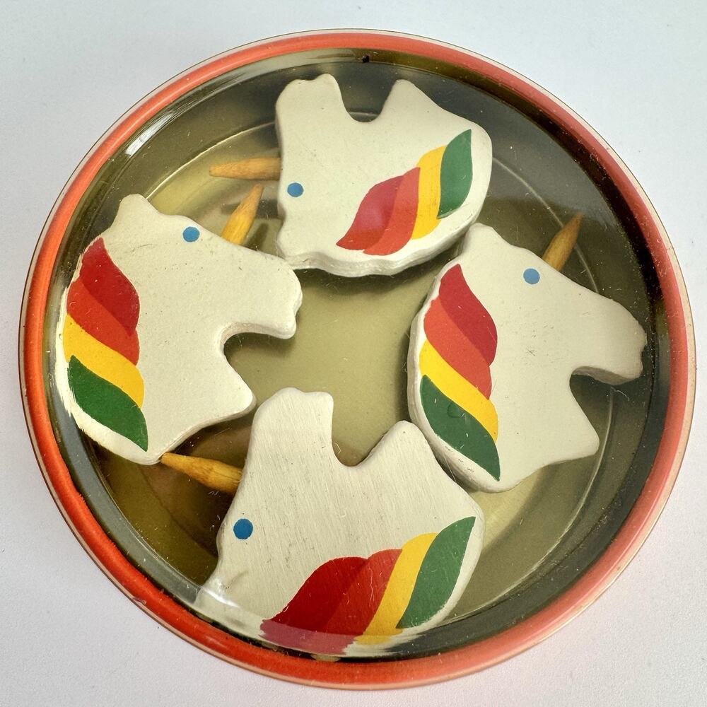 Vintage Knobler Japan Unicorn Magnet Set w Tin Rainbow Mane 1960s Kitchen Decor